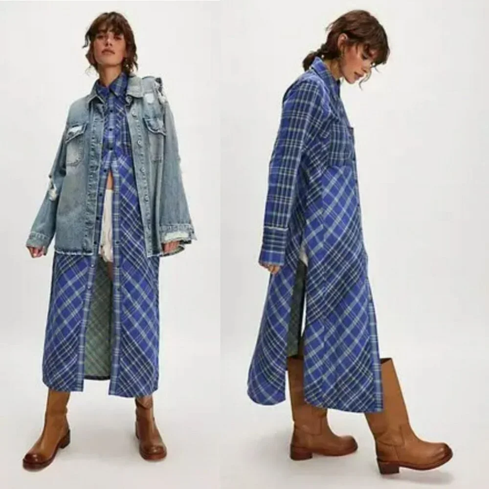 NEW Free People Ruth Long Button Front Shirt Dress Duster Jacket Purple Green - Picture 1 of 15